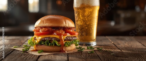 Cheeseburger featuring onions, sauce, tomatoes, accompanied by beer on paper