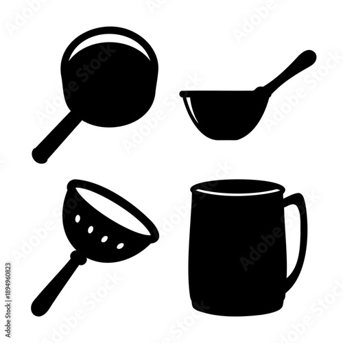 Collection of simple black silhouette icons depicting various kitchen utensils and a mug