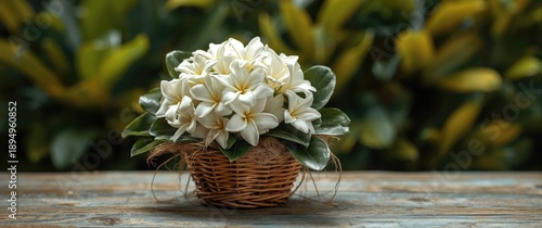 Charming gardenia arrangement in wicker basket on wooden surface with soft green leaf backdrop