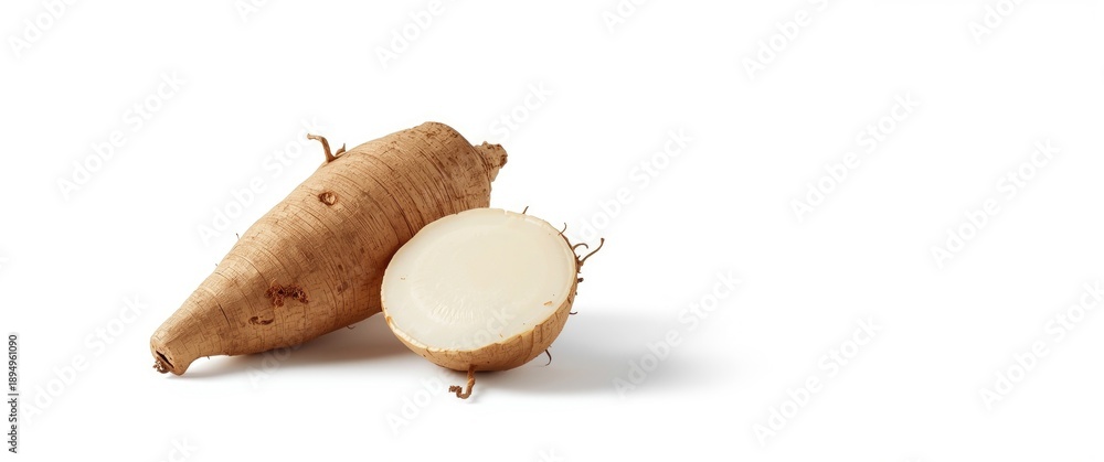 Fototapeta premium Fresh taro roots (colocasia) and a sliced piece displayed on a white background