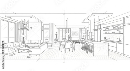 Modern interior design sketch of a spacious living room and dining area.