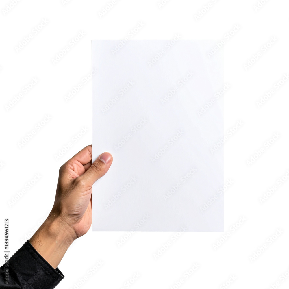 Obraz premium Hand holding a blank white sheet of paper against a black background empty