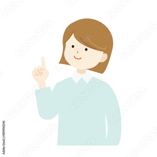 上を指差して斜め上を見る女性の上半身イラスト　注目・ポイント・未来