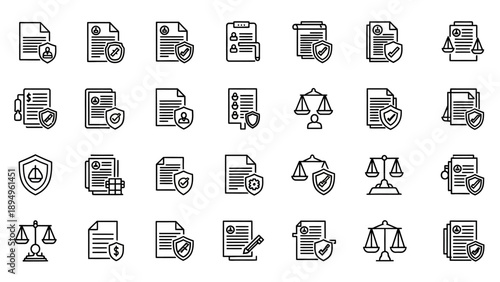 Collection of Simple Line Icons Representing Documents and Law.
