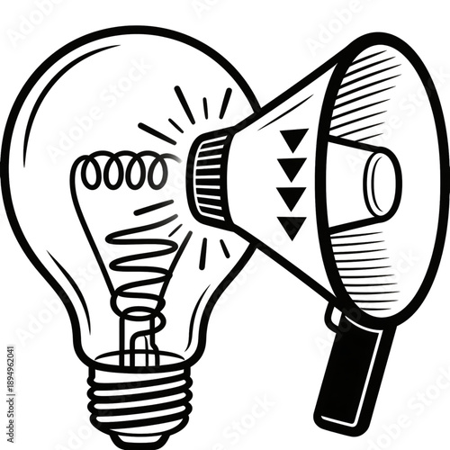 Idea Amplified: An illustrated bulb shines brightly, emitting rays of light, complemented by a megaphone broadcasting an idea, perfect for themes of communication, brainstorming, and innovation.