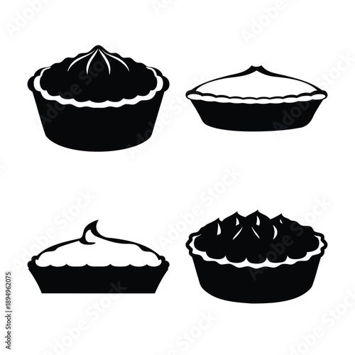 Collection of four distinct black silhouette pie and tart icons with various toppings
