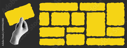 Vector sketch text boxes. Wavy organic rectangles with freehand borders. Halftone collage hand. Overlay label for banners, stories, cards.