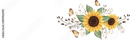 Watercolor illustration of two sunflowers with green leaves and butterflies