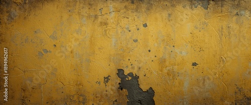 Close-up of a yellow cement wall with peeling paint and black mildew stains