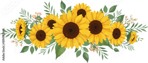 Vibrant sunflower bouquet with green leaves and bright yellow petals on white background