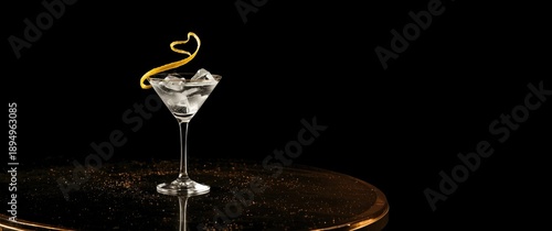 Refreshing martini with lemon twist, bold and perfectly lit, reflected on a black background, displayed on a gold table amidst party or work setting with ice, cocktail glass, and bar elements