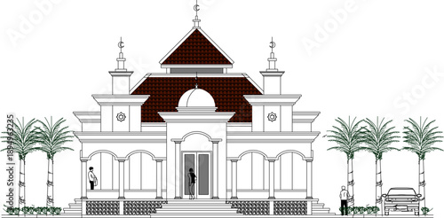 Vector sketch illustration silhouette design image section view of the facade of a simple, ethnic, traditional, classic, vintage mosque prayer room for Muslims.