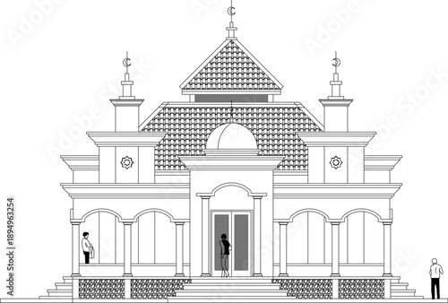 Vector sketch illustration silhouette design image section view of the facade of a simple, ethnic, traditional, classic, vintage mosque prayer room for Muslims