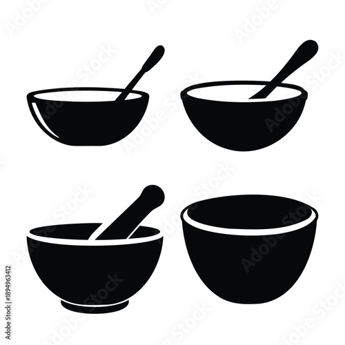 A collection of black silhouette icons depicting various kitchen and apothecary bowls with utensils