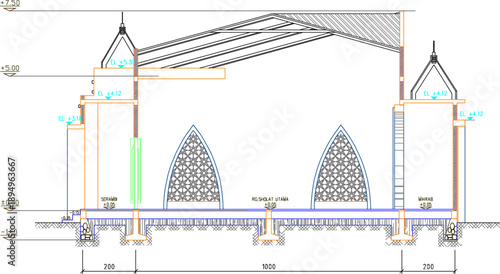 vector sketch illustration silhouette design engineering drawing of modern minimalist mosque building architecture 