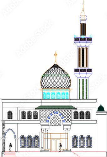 Vector sketch illustration of silhouette design of a modern traditional mosque with classic dome and minaret