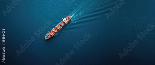 Aerial perspective of a fully loaded container cargo ship navigating the peaceful blue sea