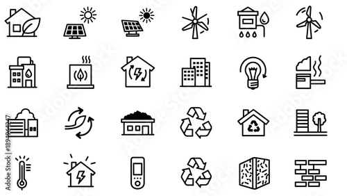 Collection of Simple Line Icons Representing Houses and Energy.
