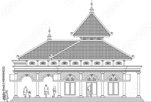 sketch vector illustration silhouette design image section view of classic ethnic vintage traditional ethnic mosque building facade for muslim prayer