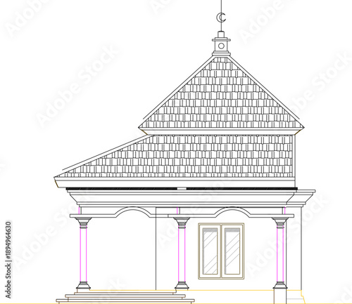 vector sketch illustration silhouette design image view of a simple, ethnic, traditional, classic, vintage, mosque prayer room building