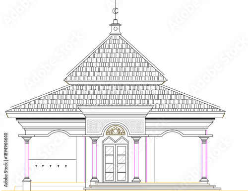 vector sketch illustration silhouette design image view of a simple, ethnic, traditional, classic, vintage, mosque prayer room building
