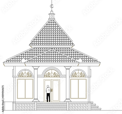 vector sketch illustration silhouette design image view of a simple, ethnic, traditional, classic, vintage, mosque prayer room building