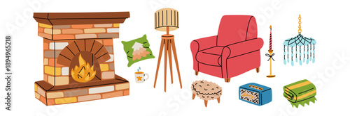A collection of flat, colorful, and vibrant elements for a cozy home interior. A cozy furniture set with a fireplace, armchairs, and decorations for winter posters, holiday cards, or graphic design