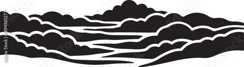 Black and white landscape with wavy clouds and lines