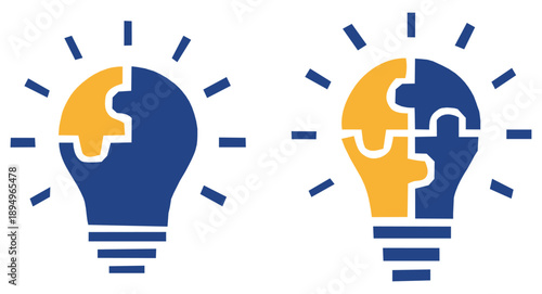 Light bulb puzzle icon set, creative idea and solution symbol, teamwork and strategy concept isolated on white background