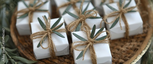 Guest gifts for weddings featuring white favor boxes, soaps, jute ribbons, and green olive leaves, styled in a Mediterranean rustic theme with jewelry boxes, small presents, and a wooden plate