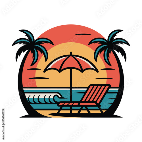 Summer beach vacation emblem with sunset, palm trees, deck chair and umbrella, tropical holiday badge logo vector illustration