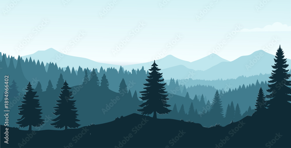 Obraz premium Stylized blue mountain landscape with layered pine forests and a misty horizon in a flat design vector illustration, showcasing depth and tranquility.