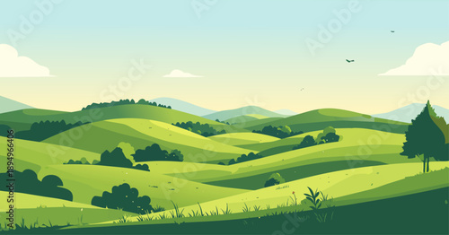 Rolling green hills under a clear blue sky, a serene and picturesque natural landscape with gentle slopes and scattered trees.