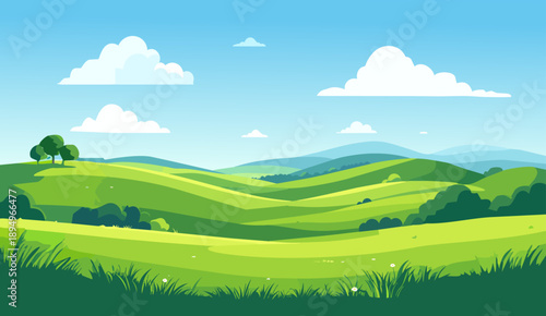 A beautiful cartoon-style illustration of a serene green landscape with rolling hills, a bright blue sky, and fluffy white clouds.