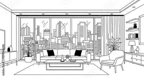 Modern Living Room Interior Design Sketch with City View.