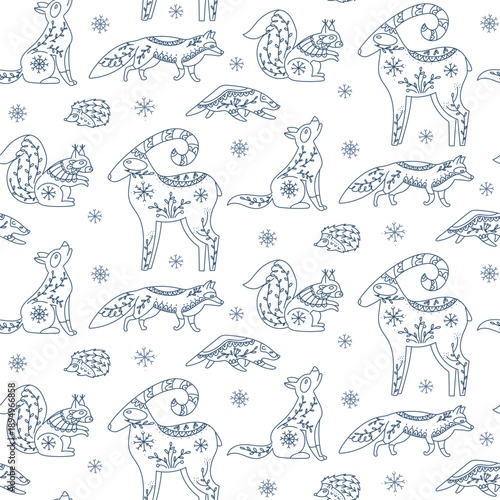 Pattern with doodle forest animals with natural folk ornaments. Forest animals in Scandinavian style goat, chipmunk, fox, wolf, hedgehog, textile prints, coloring pages, ethnic graphic design projects