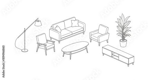Modern Living Room Furniture Set Isometric Line Drawing.