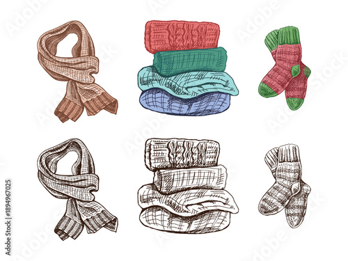 Hand drawn vintage sketch of woolen scarf, cozy sweaters and knitted socks in color and monochrome version, isolated vector set