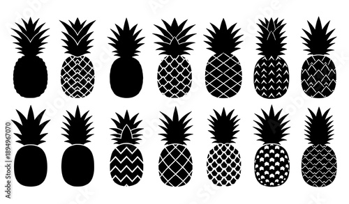 Pineapple silhouette vector set black tropical fruit icons isolated on transparent background