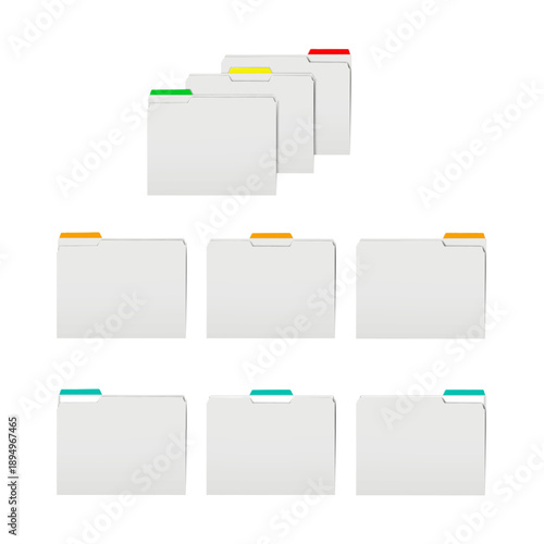 Isolated blank white file folder with color cut tab divider. Empty, and with paper sheet inside. Realistic mock-up set. Tabbed file folders. Vector mockup. Easy editable. Template for design