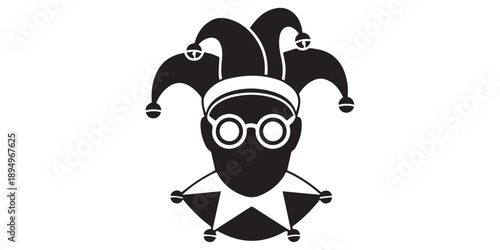 Colorful Circus Festival Vector Silhouette Poster with Confetti, Masks and Party Elements,Bright carnival character with joker hat, glasses, mustache,black silhouette white background