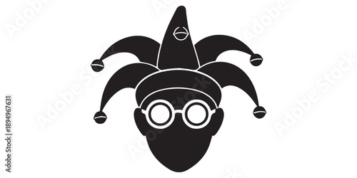 Colorful Circus Festival Vector Silhouette Poster with Confetti, Masks and Party Elements,Bright carnival character with joker hat, glasses, mustache,black silhouette white background