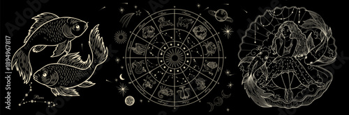 Vector illustration of zodiac signs in a synthage linear retro engraving style with baroque elements. Astrology and tarot	