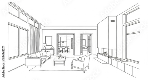 Modern Living Room Interior Design Sketch.
