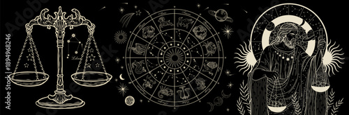 Vector illustration of zodiac signs in a synthage linear retro engraving style with baroque elements. Astrology and tarot	