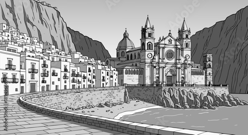 Vector illustration of a historic coastal town with a grand cathedral overlooking the sea, detailed architectural design