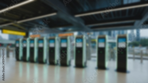 Blurred background of Smart station ticket kiosks arranged in a circular layout, intuitive spatial flow and clear signage, innovation transit hub background, daytime, balanced lighting.