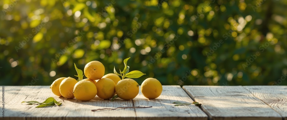 Obraz premium Lemons and green trees in garden with white wooden table