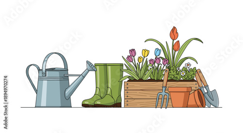 Complete set of gardening tools including green boots, watering can, and colorful tulips in a wooden planter box.