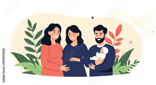 Inclusive family scene featuring two pregnant women and a man holding a baby surrounded by green autumn leaves.